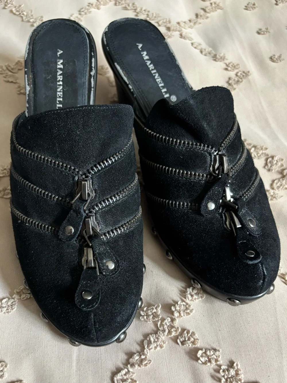 A. Marinelli Black Suede Zipper Clog Mules Edgy Studded Platform Heels Size 8M